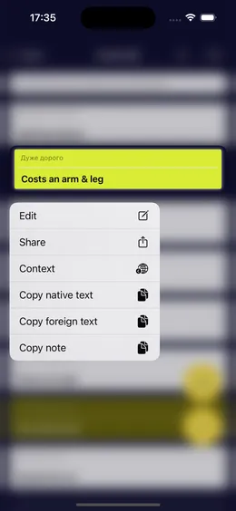 Card menu in Just R: edit, share, find context, and copy the native text, the foreign text or the note.