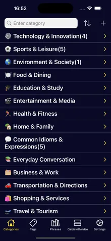 Just R categories: Technology, Sports, Food, Education, Health, Common Idioms and more, each with its number of decks.