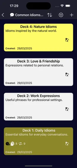 Decks in the Common Idioms category, each with its own color, a description, the number of cards and of repetitions.