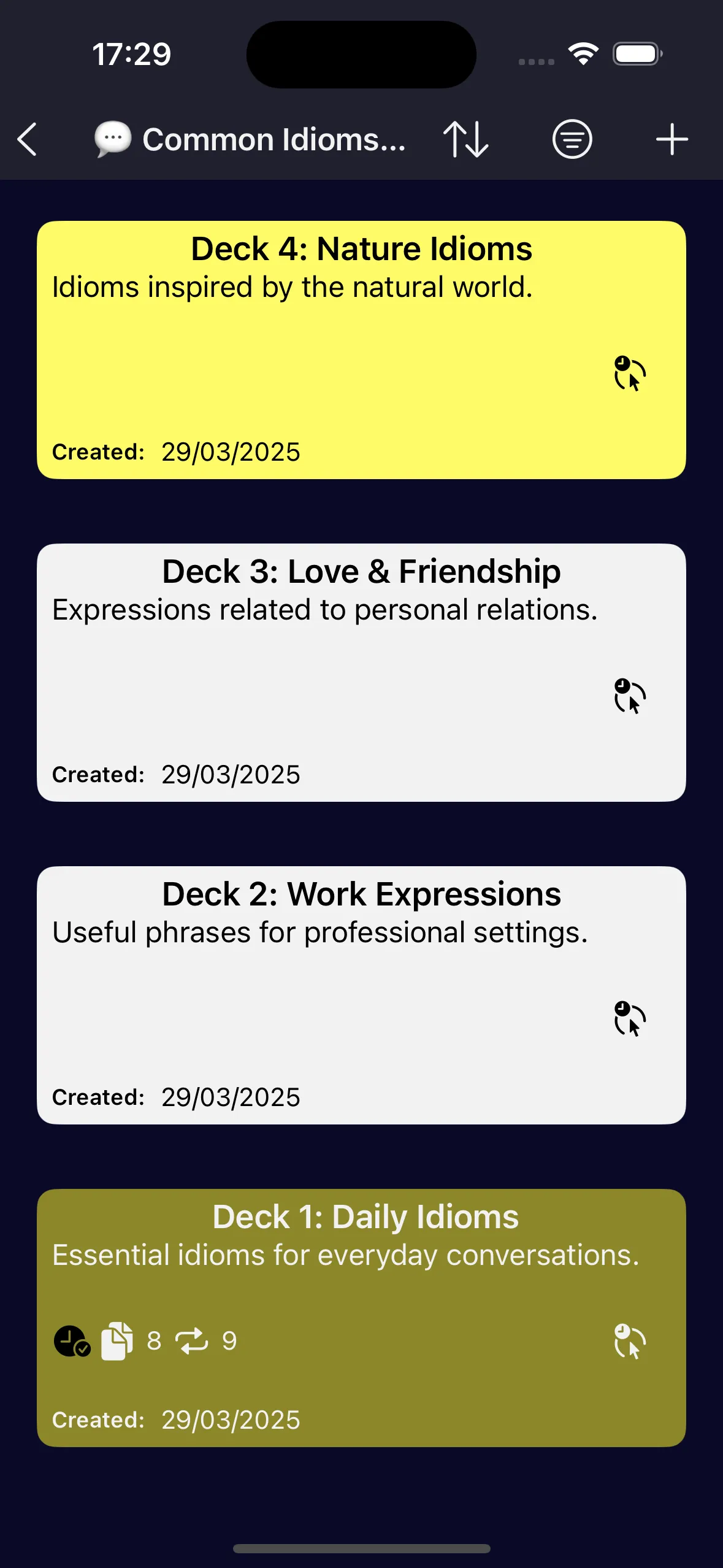 Just R deck list inside the «Common Idioms & Expressions» category: four colored decks with titles, descriptions and creation dates