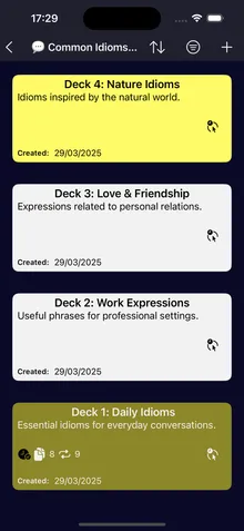 Decks in the Common Idioms category, each with its own color, a description, the number of cards and of repetitions.
