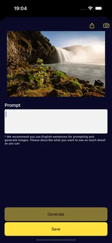 AI image generation in Just R: a generated landscape above the prompt field, with Generate and Save buttons.