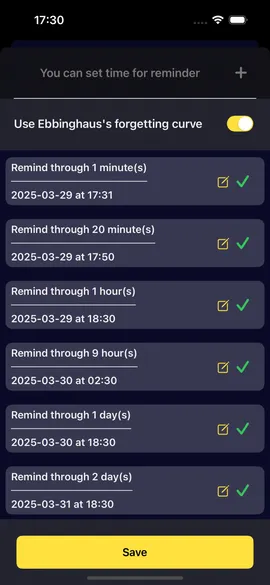 Reminder schedule on the Ebbinghaus forgetting curve: in 1 minute, 20 minutes, 1 hour, 9 hours, 1 day, 2 days and later.