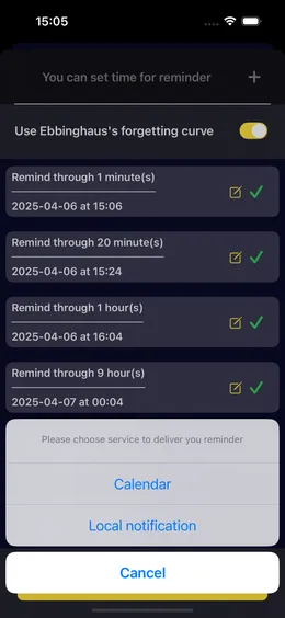 Choosing how a deck reminds you: as a Calendar event or as a local notification.