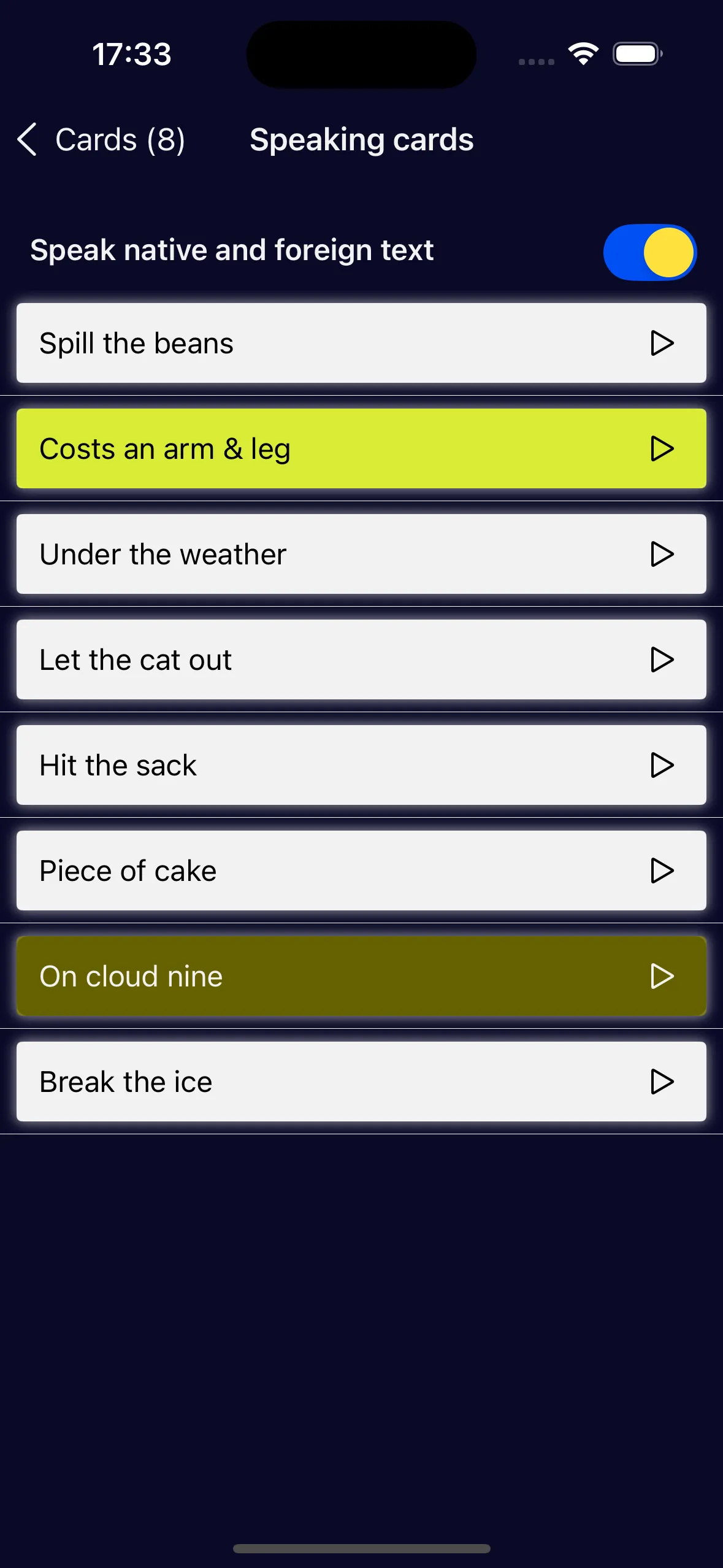 Just R Speaking cards screen with «Speak native and foreign text» turned on and a deck of English idioms, each with a play button